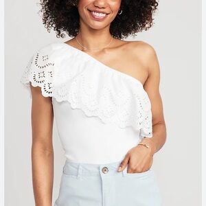 One shoulder white eyelet top with ribbed bottom